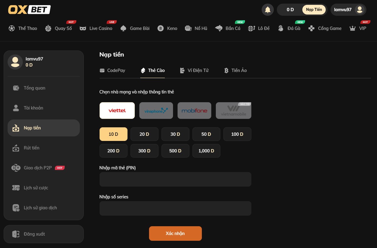 Nạp tiền qua thẻ cào