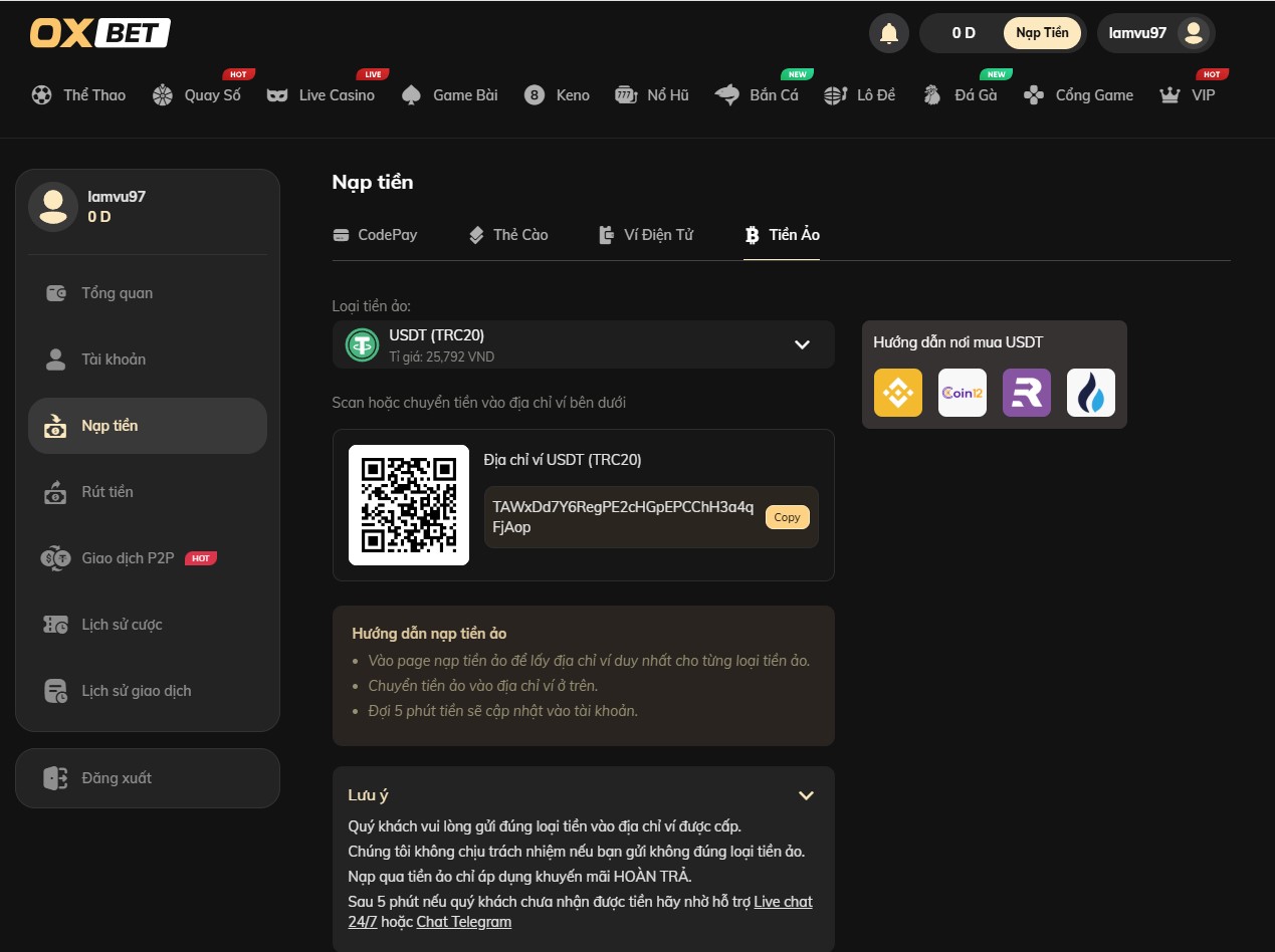 Nạp tiền bằng tiền ảo