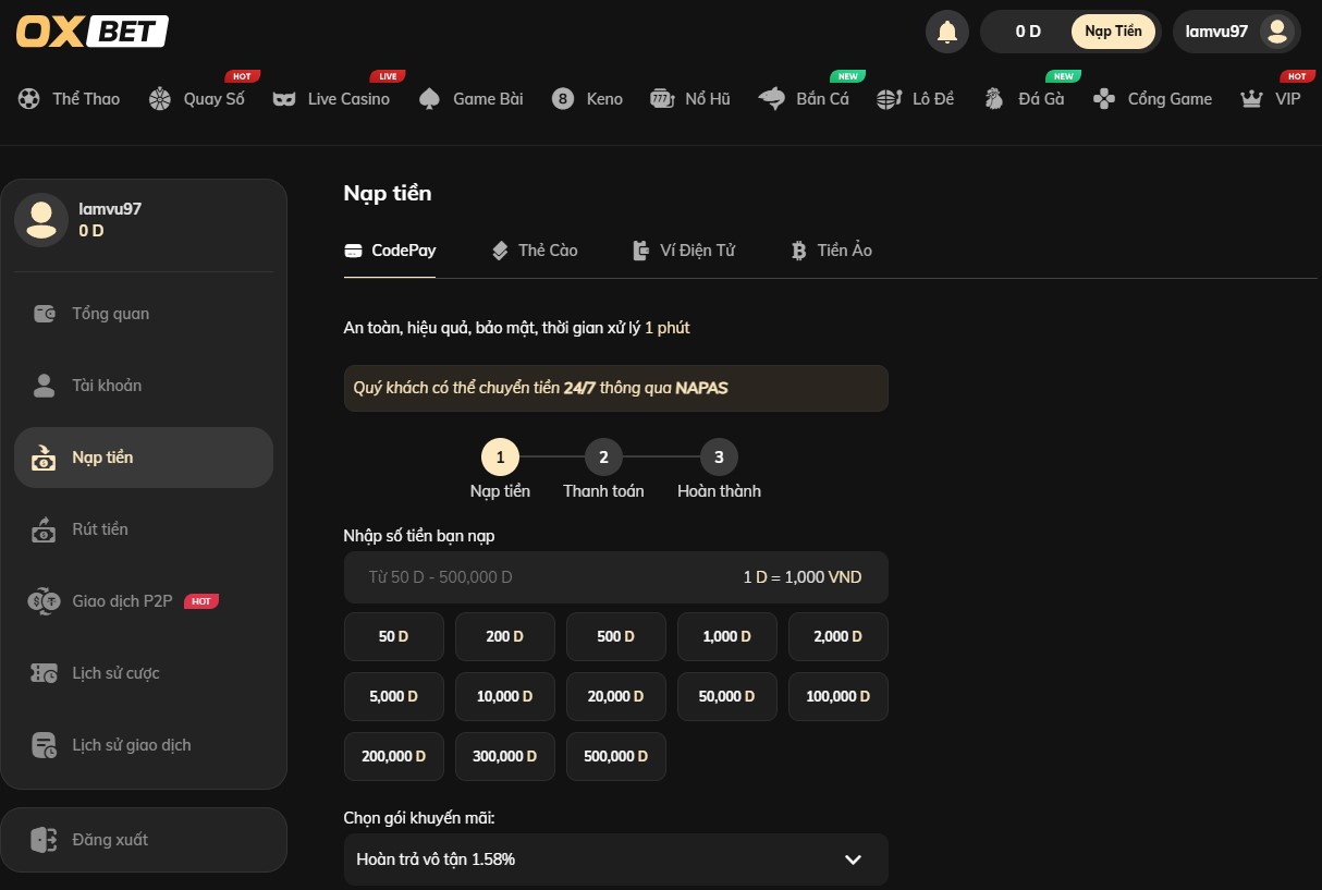 Nạp tiền Oxbet qua ngân hàng
