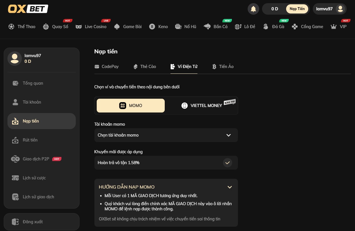 Nạp tiền qua ví Momo