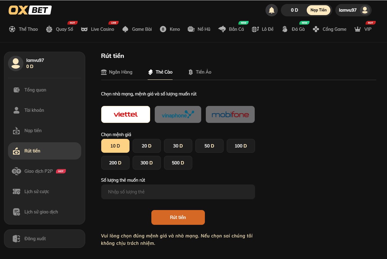 Rút tiền qua thẻ cào tại nhà cái Oxbet